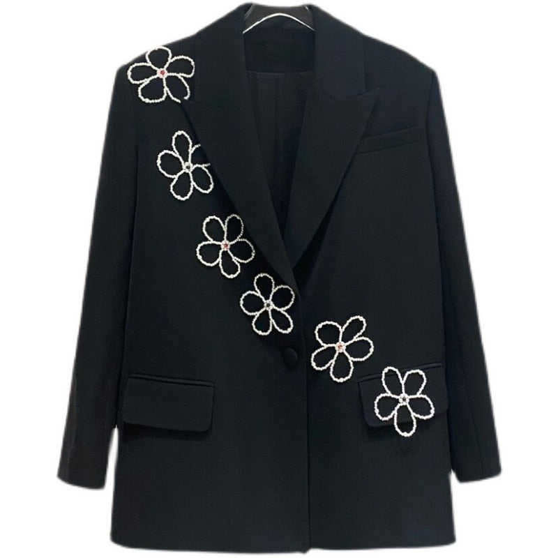 Loose Black Blazer Embellished With White Flowers