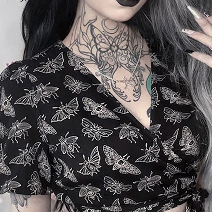 Gothic Dark Punk Beetle Print Short blouse