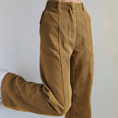 Contrast Color Pockets Corduroy High-Waist Pants