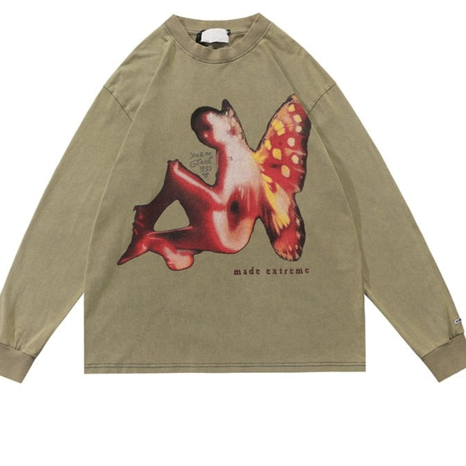 Oversized Long Sleeve Angel Graphic Shirt