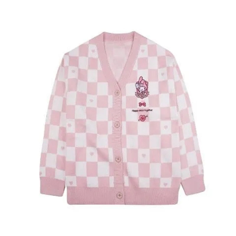 Checkered  With Kawaii Embroidery Cardigan