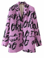 Letter Print Loose Purple Blazer Oversize