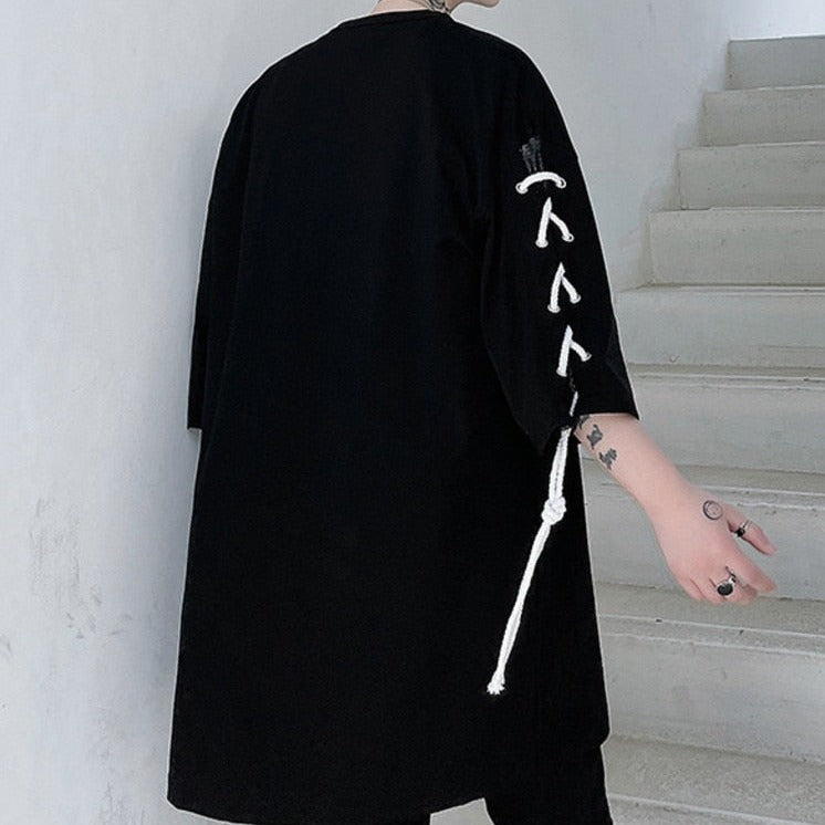 Oversize Drawstring Splice Short Sleeve T-shirt