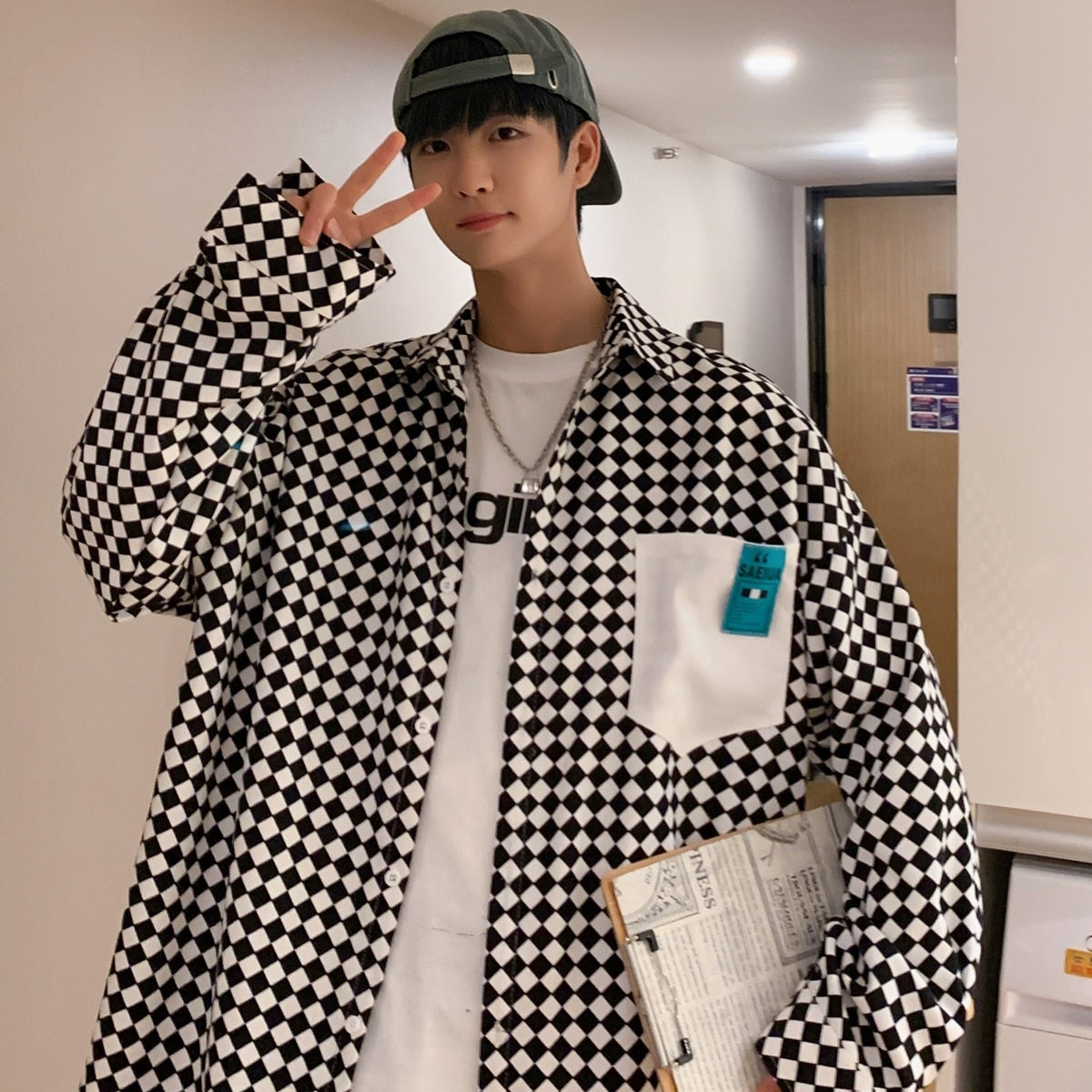 Black and White Check Oversized Long Sleeve Shirt