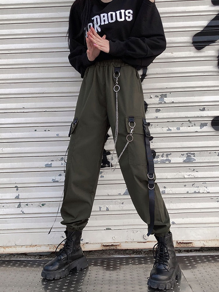 High Waist Streetwear Cargo Pants With Chain