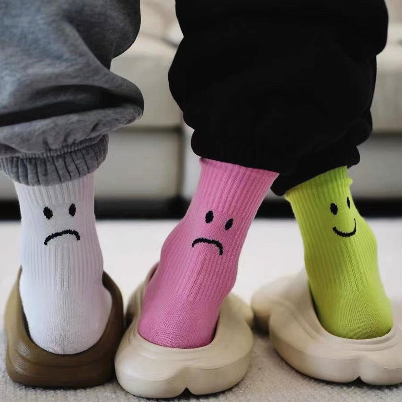 Solid Color Happy And Sad Faces Socks