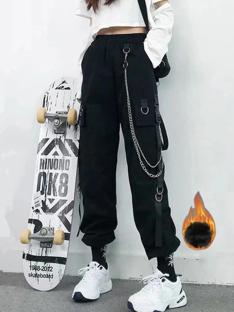 High Waist Streetwear Cargo Pants With Chain