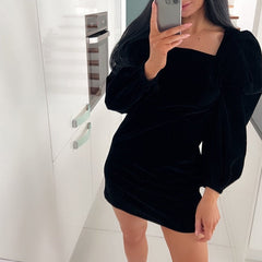 Black Velvet Puff Sleeve Bodycon Square Neck Party Mini Dress