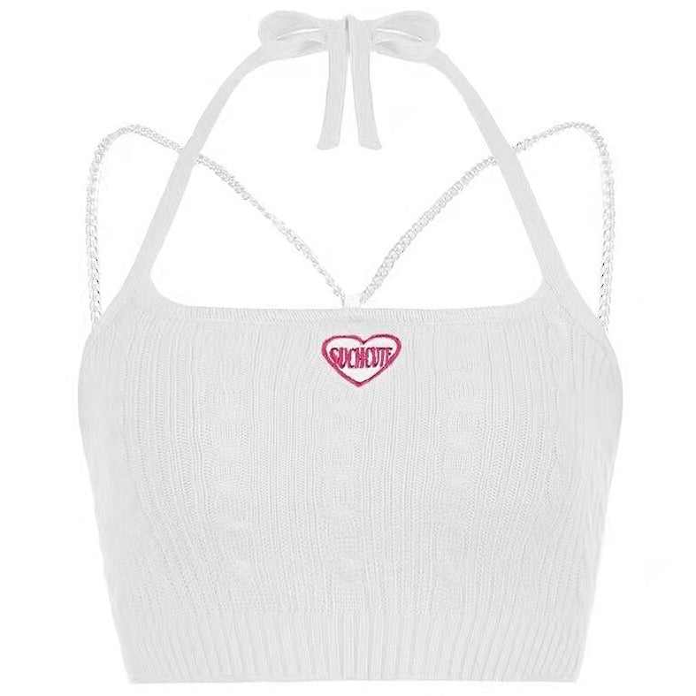 Y2K Such Cute Heart Sleeveless Chain Strap Knitted Cotton Crop Top