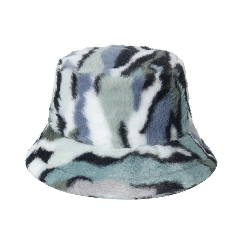 Print Faux Fur Fluffy Bucket Hat