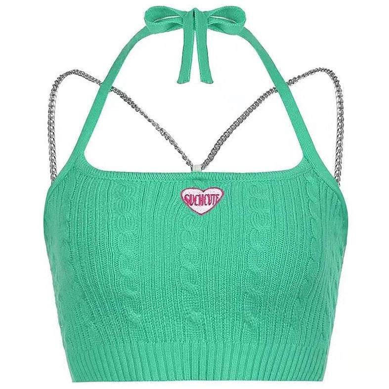 Y2K Such Cute Heart Sleeveless Chain Strap Knitted Cotton Crop Top