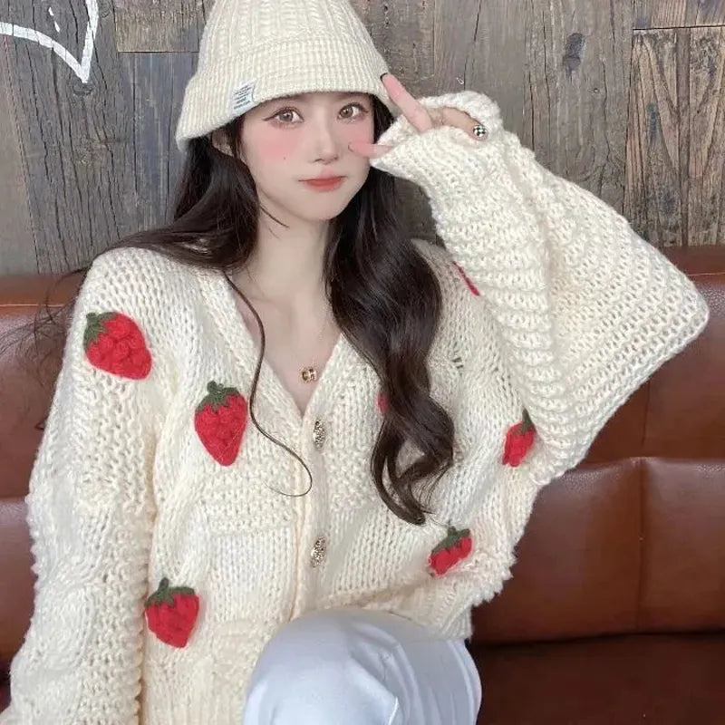 Y2K Aesthetic Long Sleeve Strawberry Oversized Cardigan