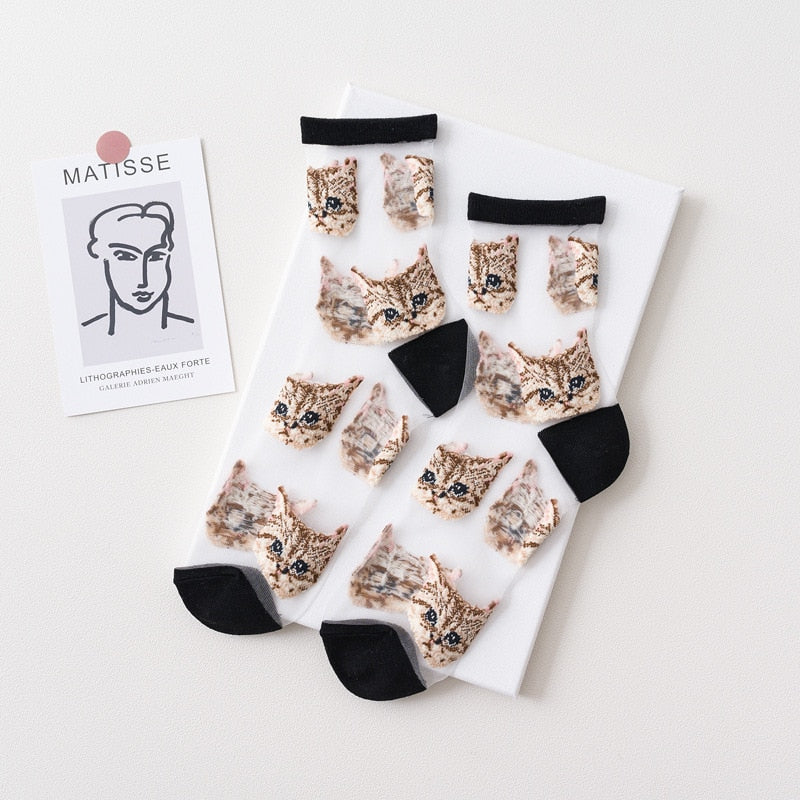 Cat Design Sheer Mesh Socks