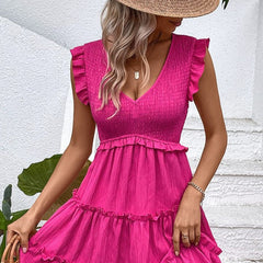 Mid Pleat Sleeveless A-line V Neck Dress