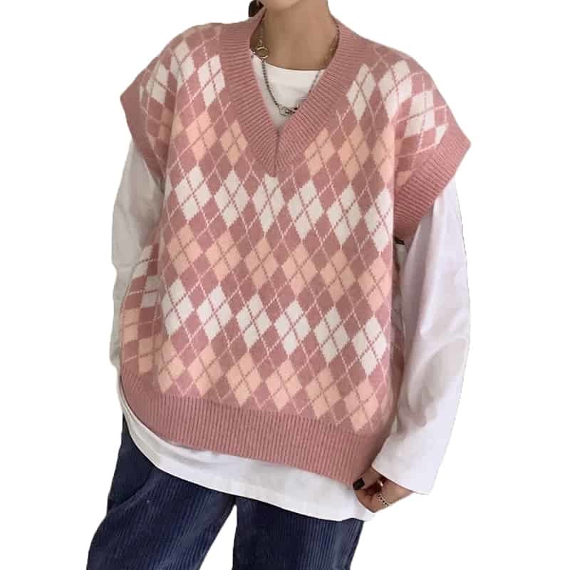 Pink Checkered Pattern Oversize Knitted Vest