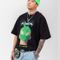 Green Hairstyle Print Hip Hop Relaxed Fit T-Shirt