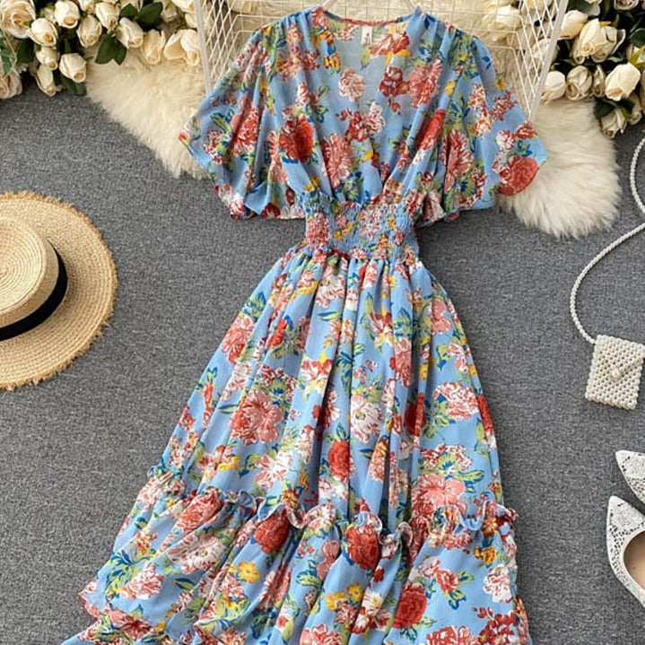 Bohemian Floral Printed V-Neck High Waist Dress