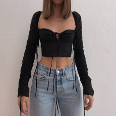 Tassel Ruched Lace Up Skinny T-Shirts