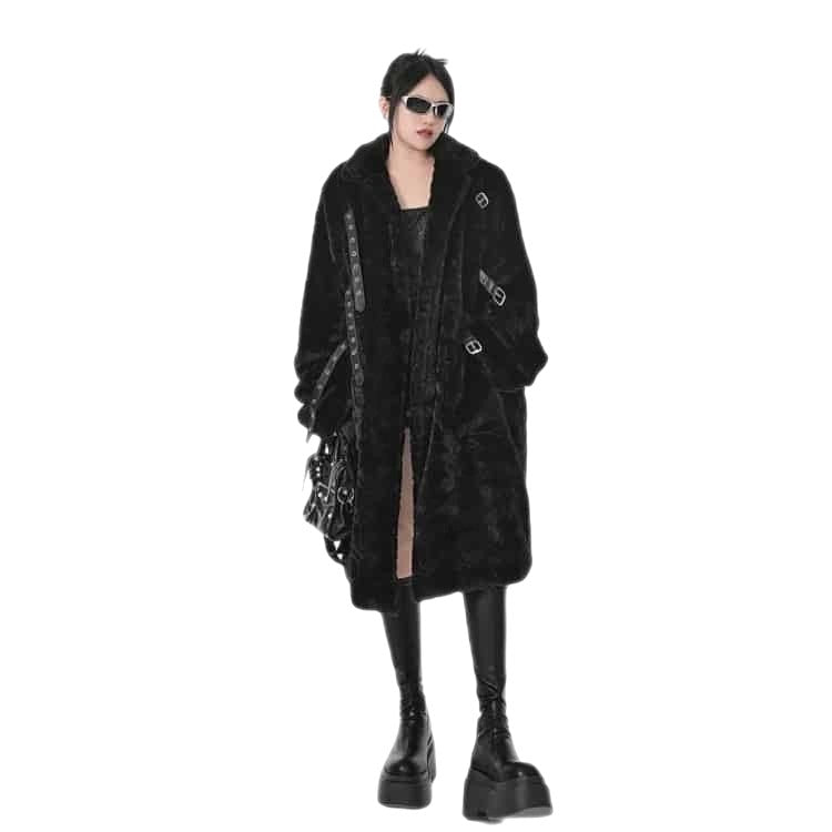 Punk Belt Fluffy Long Thick Faux Fur Coat