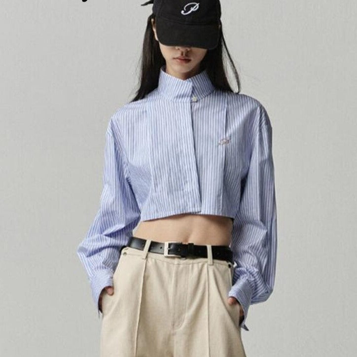 Stand Collar Long Sleeve Striped Short Shirt