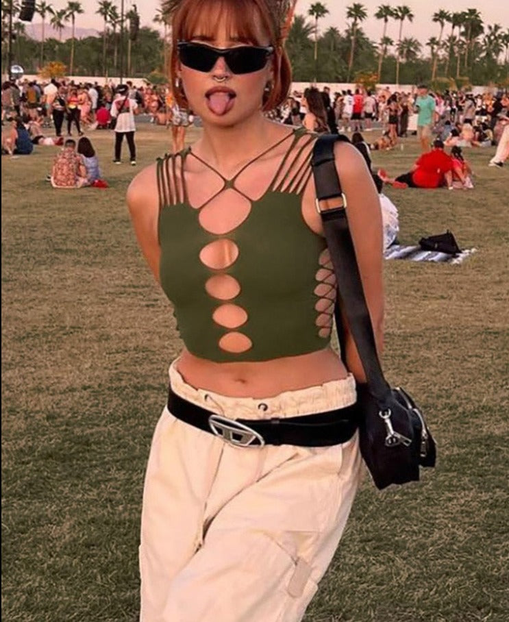 Green Hollow-Out Crop-Top