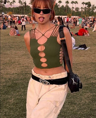 Green Hollow-Out Crop-Top