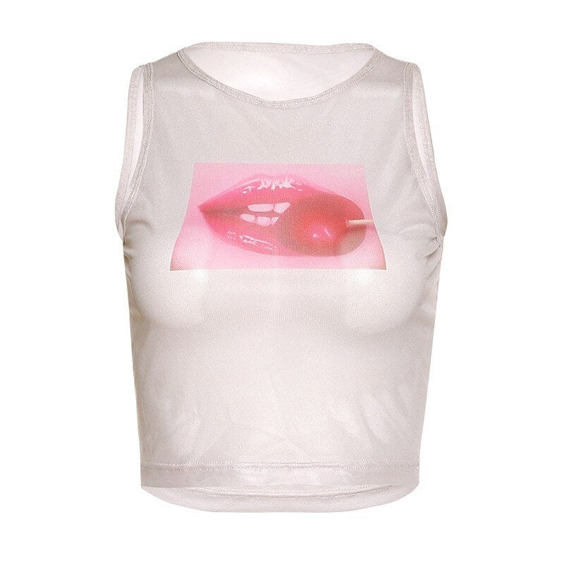 Lip Cherry See-Through Tank Crop Top