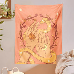 Sun Moon Floral Hand Snake Pink Tapestry