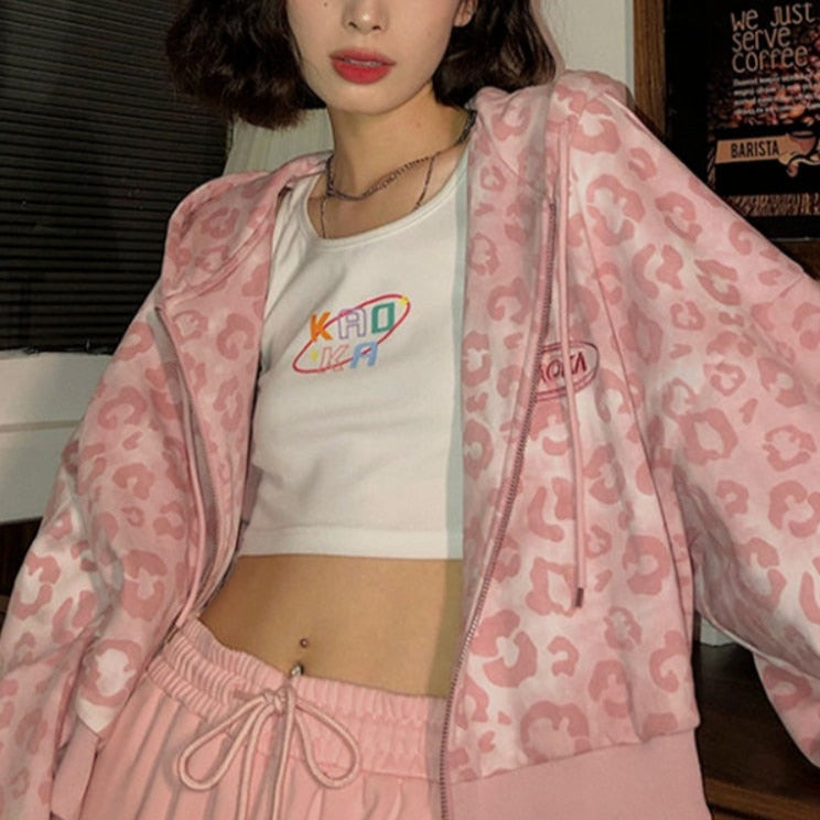 Y2K Pink Leopard Hoodie Jacket