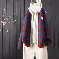 Heart and Stripes Round Neck Knitted Cardigan