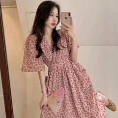 High Long Flare Sleeve Ankle Length Pink Print Dress