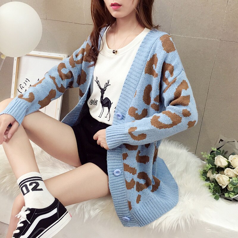 Knitted Leopard V Neck Loose Button Cardigan
