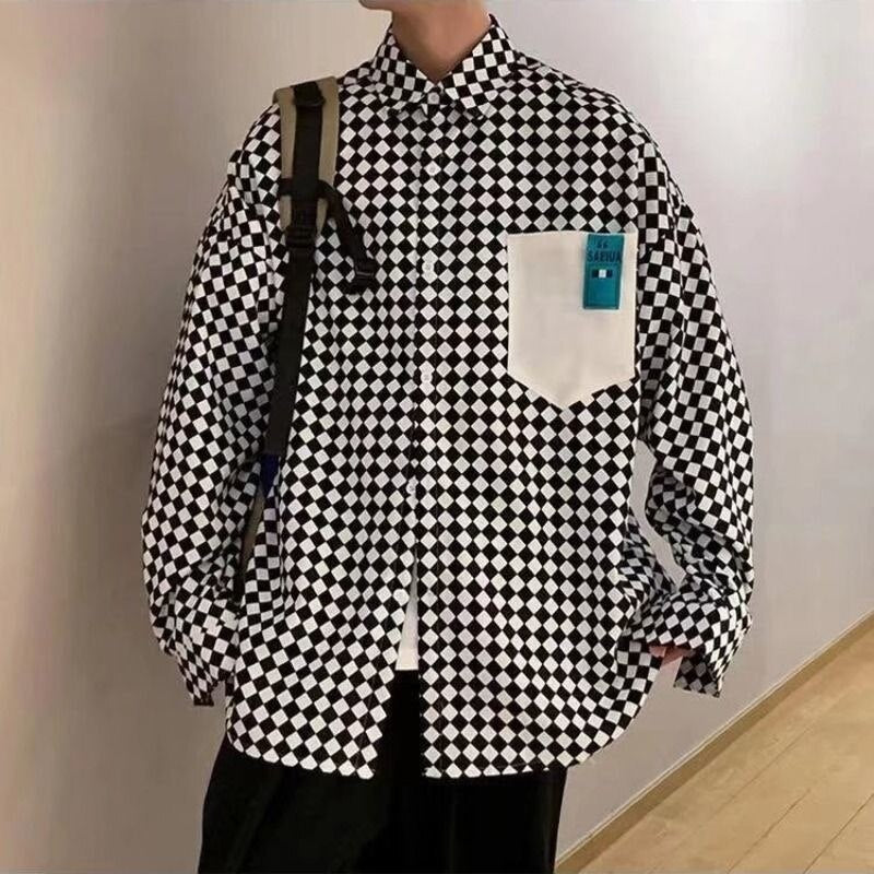Classic Casual Shirt Coat Men&#39;s 2022 Summer Korean Retro Black And White Plaid Thin Long Sleeve Shirt Unisex Camisa Shopping