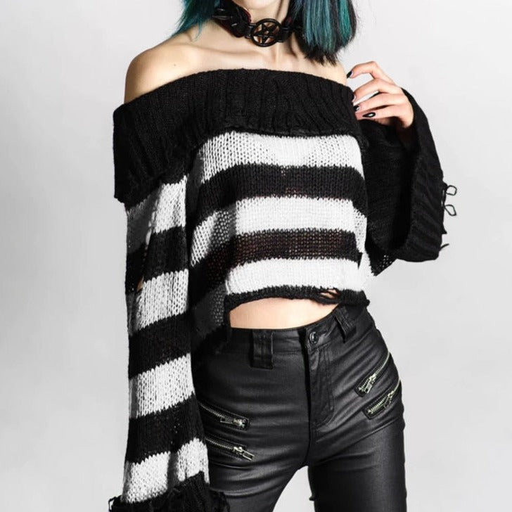 Gothic One Shoulder Stripe Short Sweater