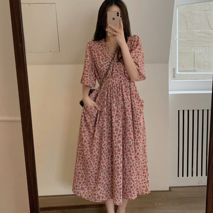 High Long Flare Sleeve Ankle Length Pink Print Dress