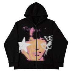 Zip Up Hoodie Face Print Loose Sweatshirt