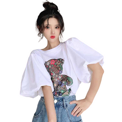 Cartoon Bear Print O-Neck Puff T-Shirt