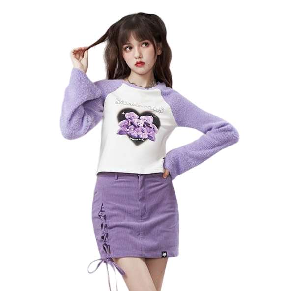 Harajuku Y2k Purple Knitted Splicing Printed T-shirt