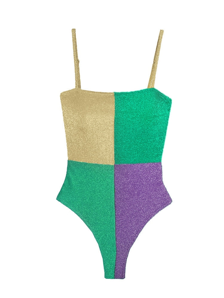 Contrast Color Patchwork High Waist Swimsuit