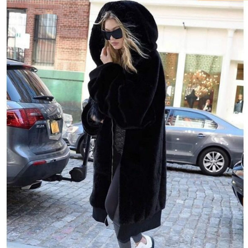 Solid  Color Faux Fur Long Coat