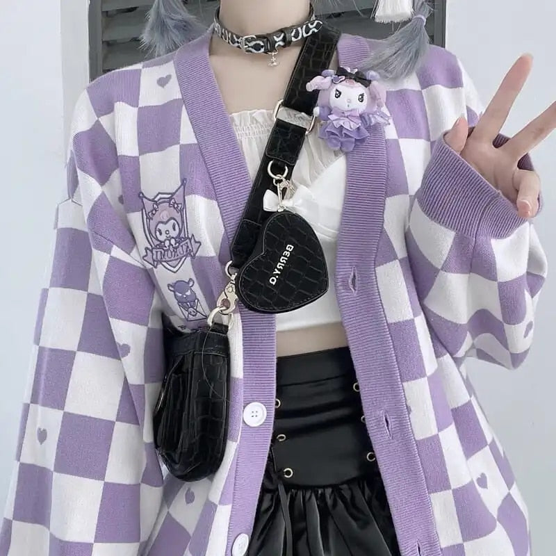 Checkered  With Kawaii Embroidery Cardigan