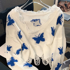 Blue Butterfly Knitted Crop Top Sweater