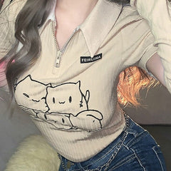 Cute Cats Zipper Neck Detachable Long-Sleeved Crop Top