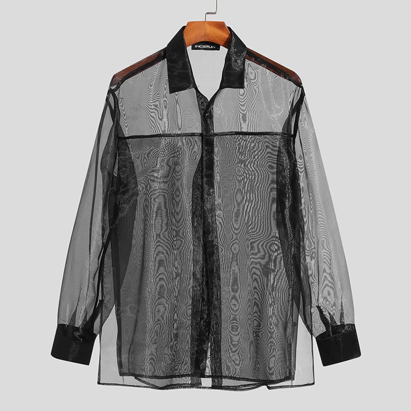 Mesh Transparent Lapel Long Sleeve Shirt