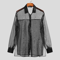 Mesh Transparent Lapel Long Sleeve Shirt