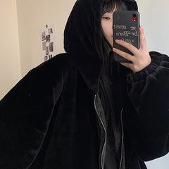 Black Velvet Hooded Oversize Jacket