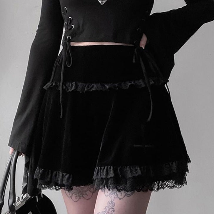 Dark Black Velvet High Waisted Lace Mini Skirt