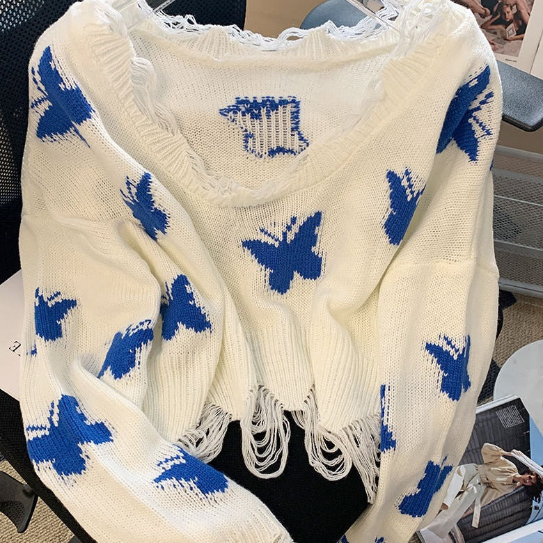 Blue Butterfly Knitted Crop Top Sweater