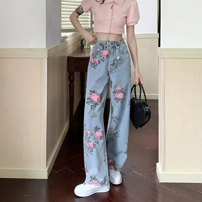 Y2K High Waist Floral Wide Leg Jeans