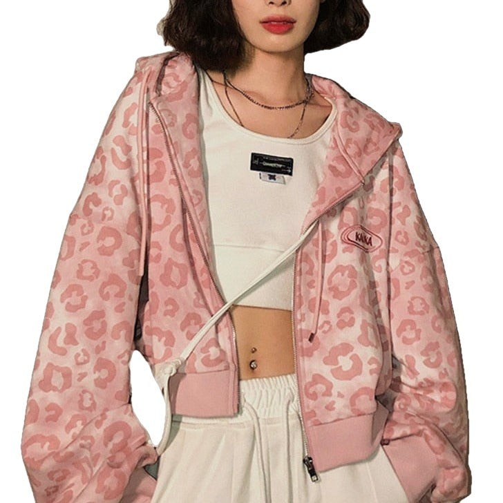 Y2K Pink Leopard Hoodie Jacket